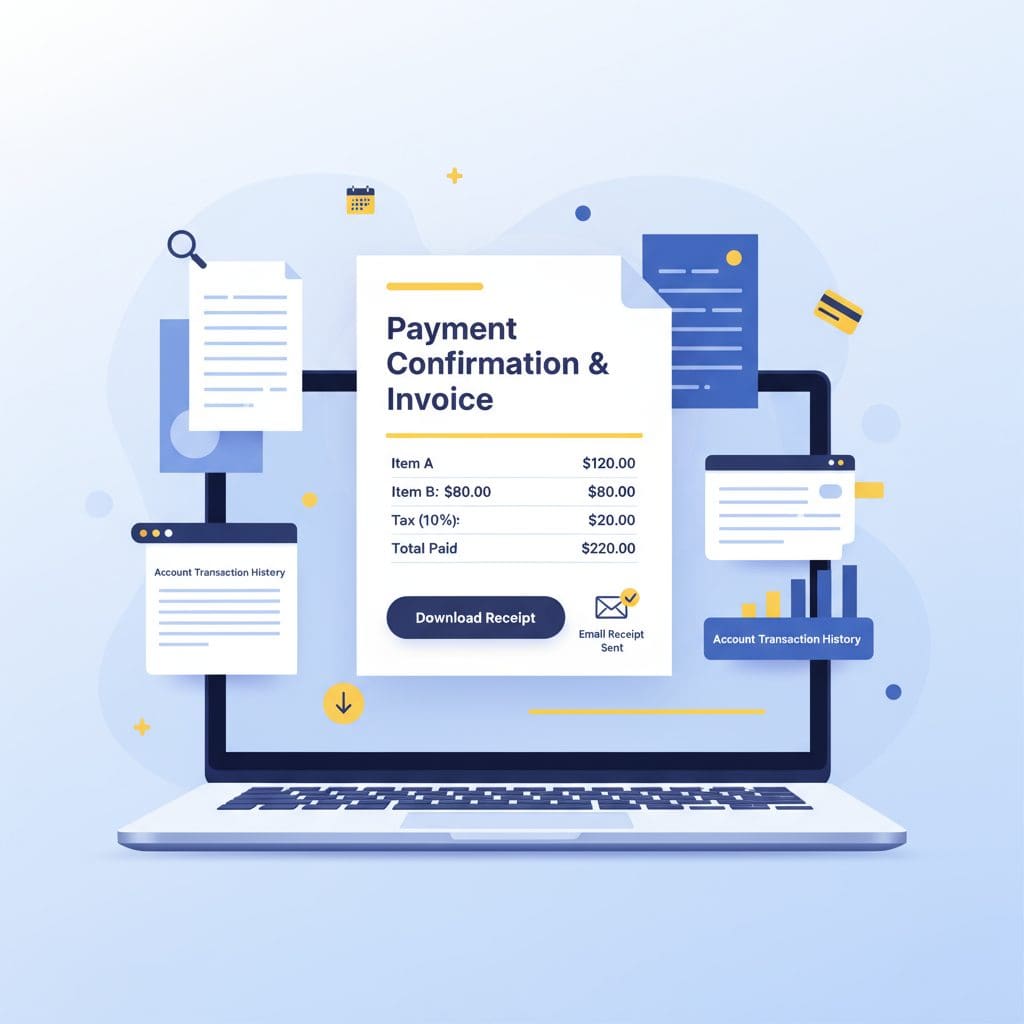 Mondosol account dashboard showing receipts and billing history with download PDF options and email receipt notifications