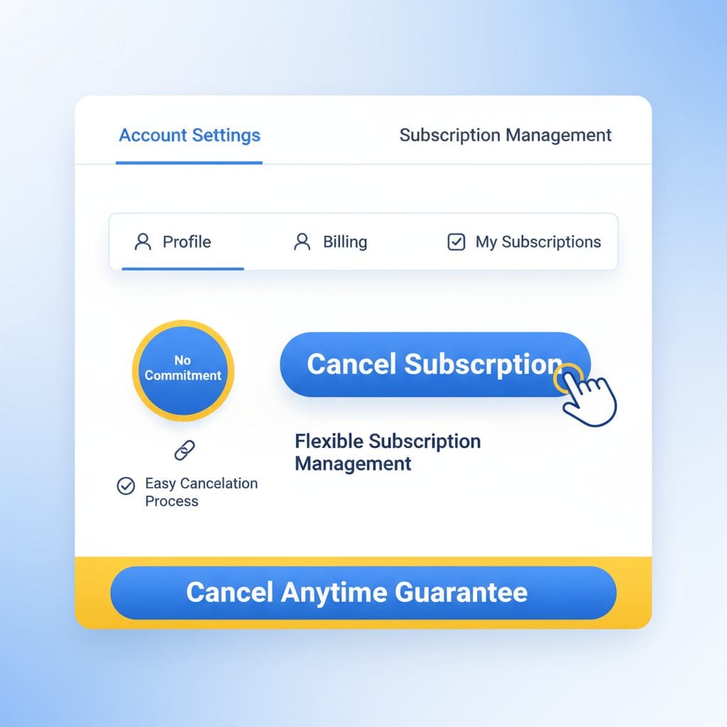 Mondosol subscription cancellation interface showing cancel anytime guarantee, flexible account management, and no commitment badge for course purchases