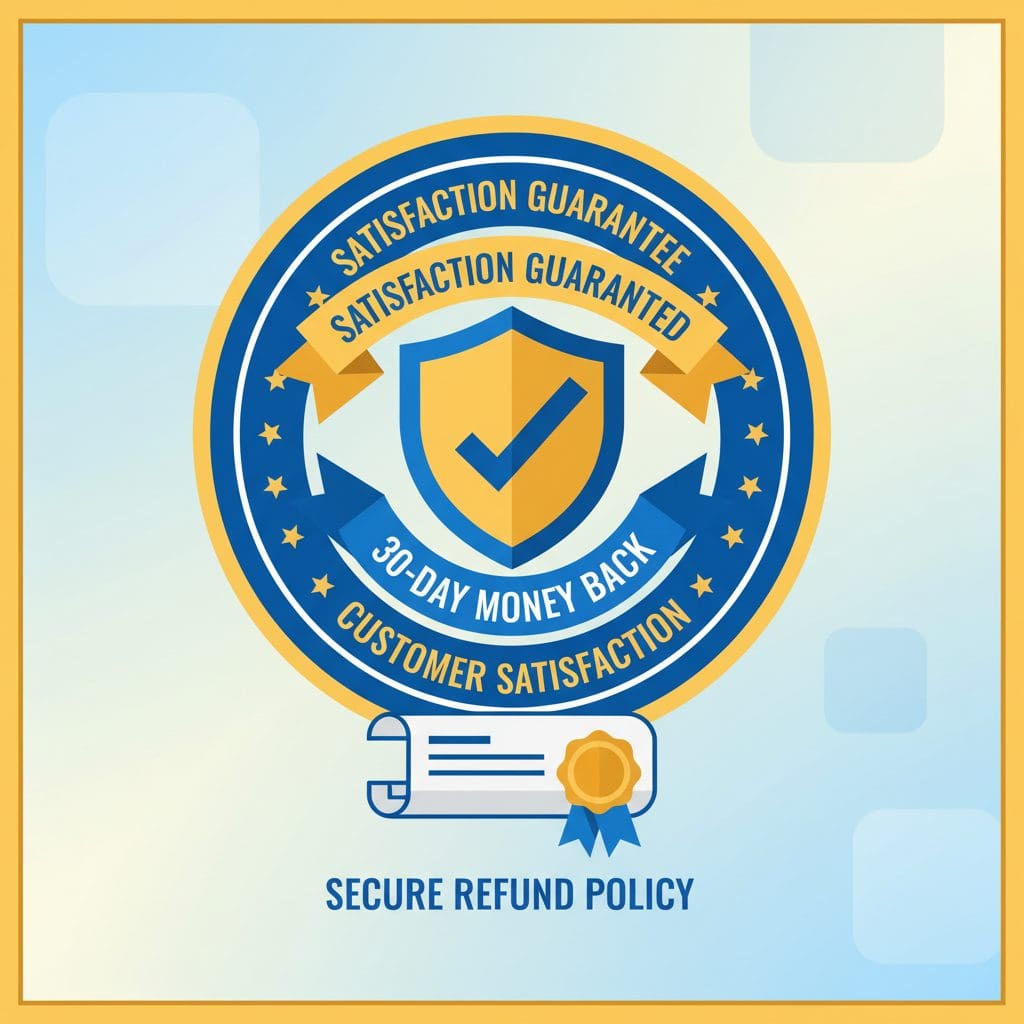 Mondosol 30-day money-back guarantee badge with satisfaction guarantee seal, trust certificate, and refund policy shield for risk-free course purchase