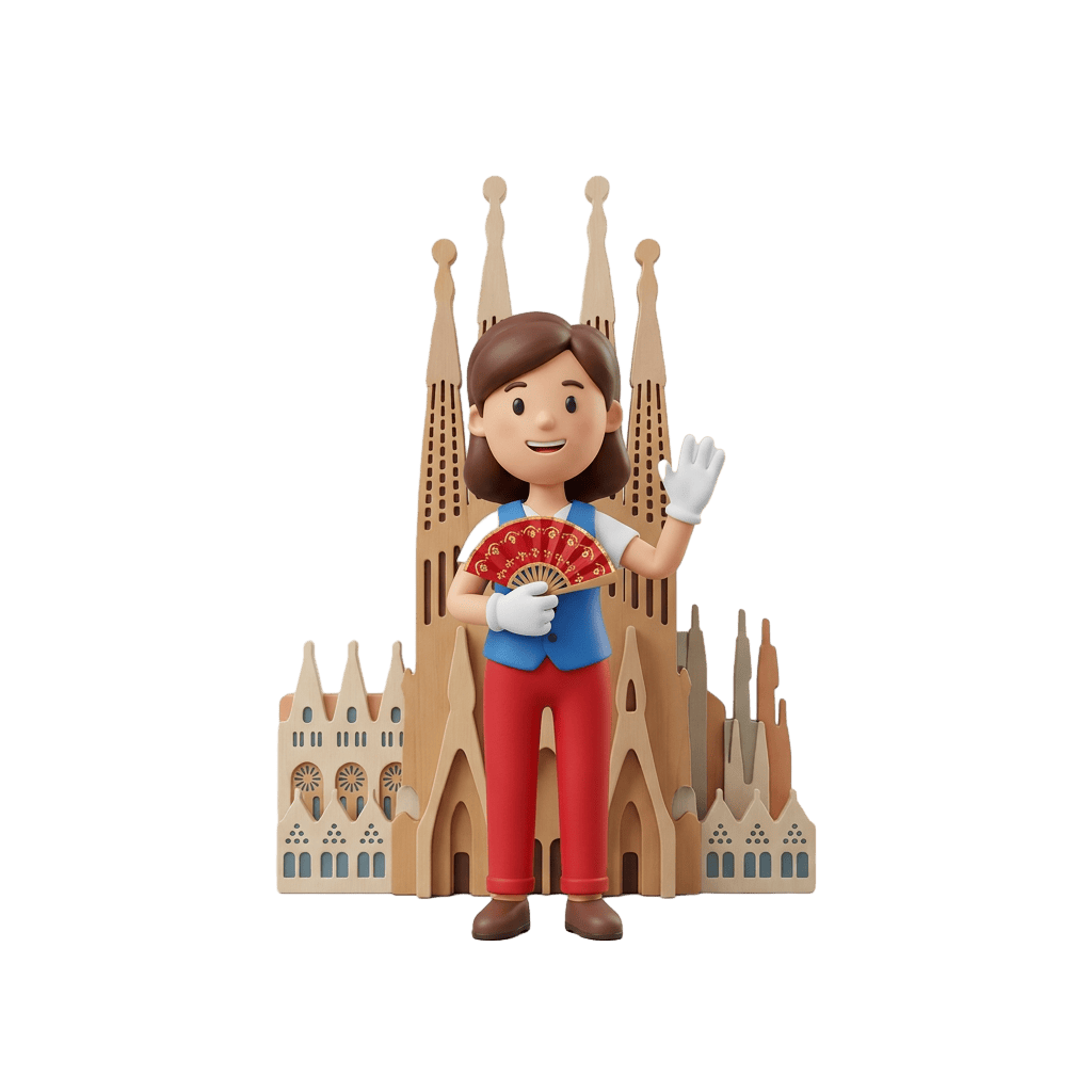 Ana, the Mondosol Spanish mascot, counting in a Spanish plaza